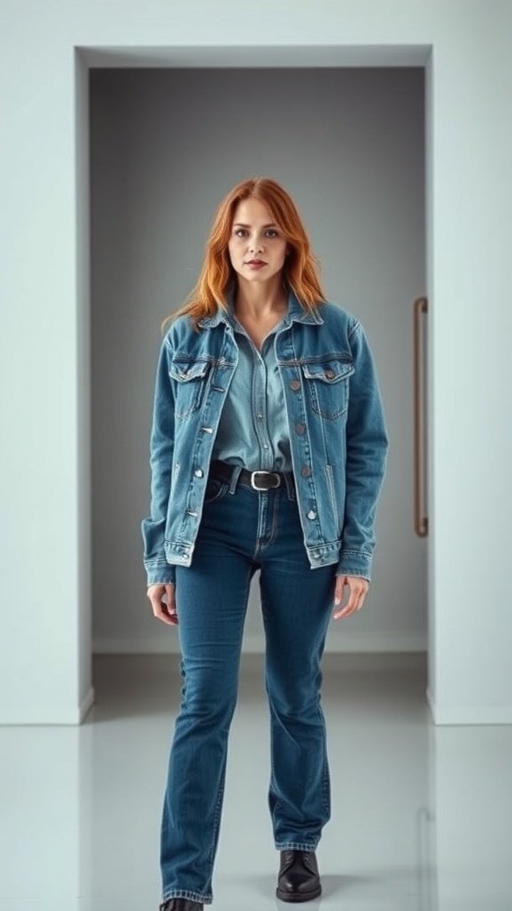 Woman wearing a monochrome vintage denim outfit including a jacket and jeans.