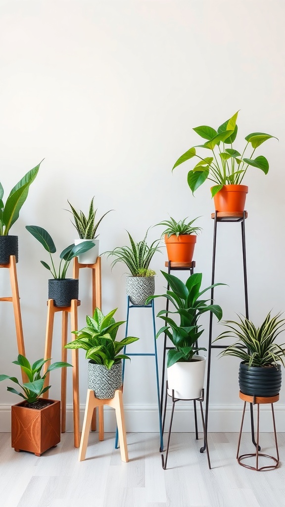 A variety of plant stands with different heights showcasing various houseplants.