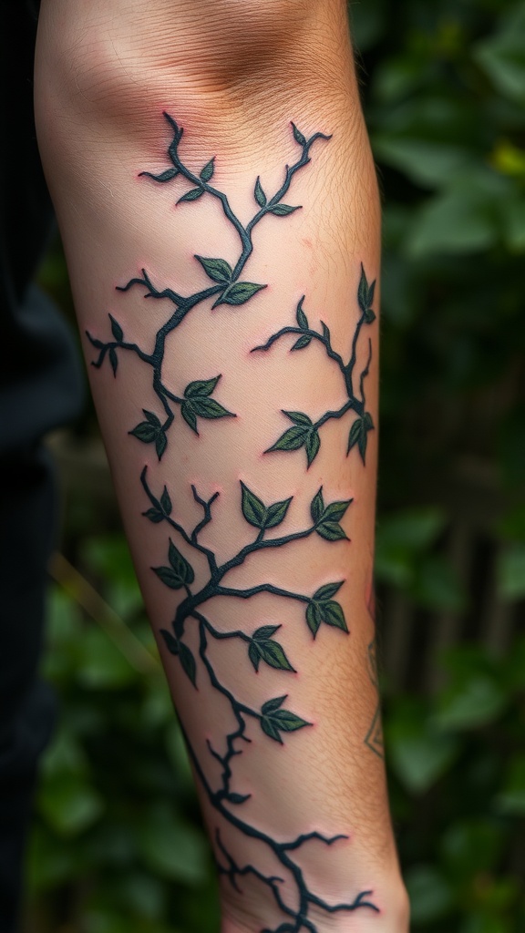 A close-up of a tattoo featuring creeping vines on a shoulder.
