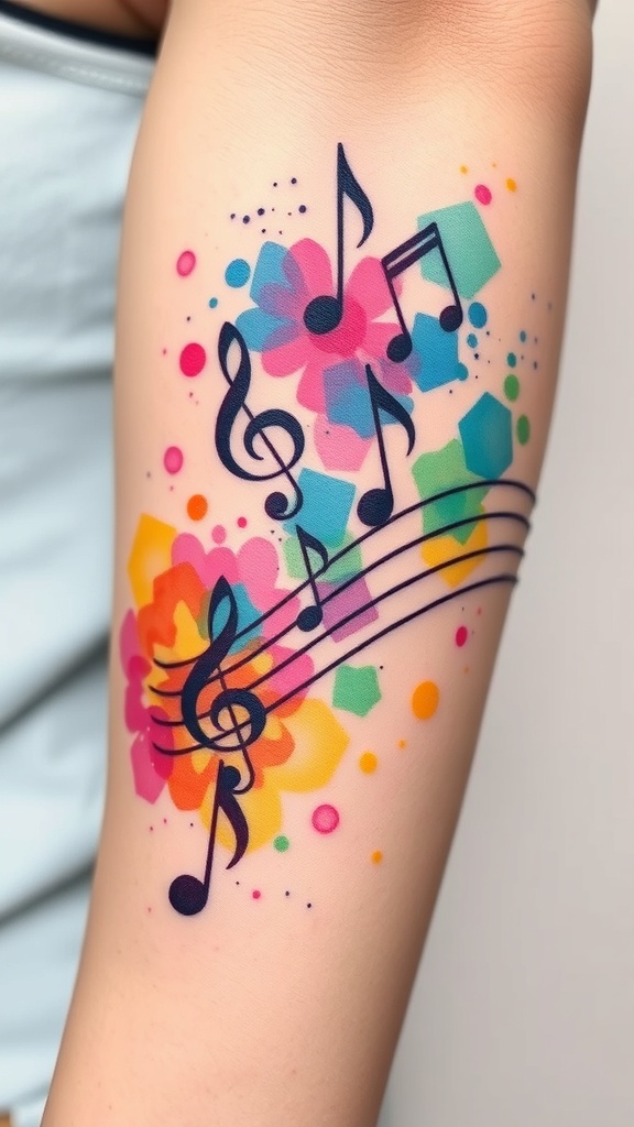 Colorful watercolor music note tattoo with flowers and geometric shapes.