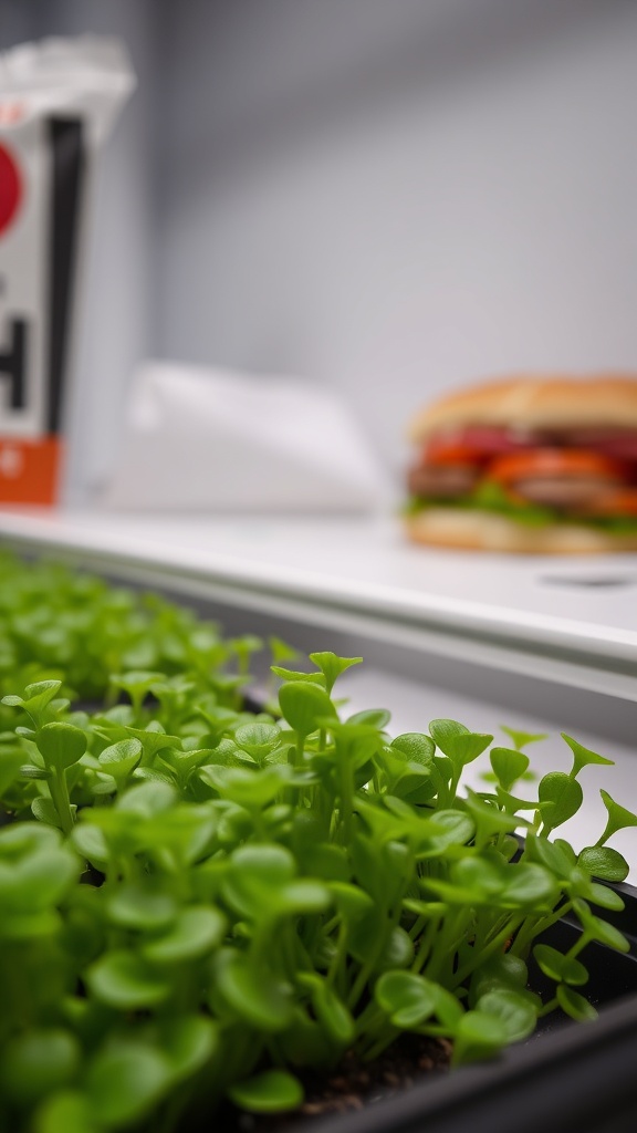 A close-up of vibrant green cress microgreens growing in a tray.