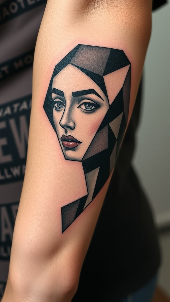 A cubist portrait tattoo featuring geometric shapes and a stylized face.