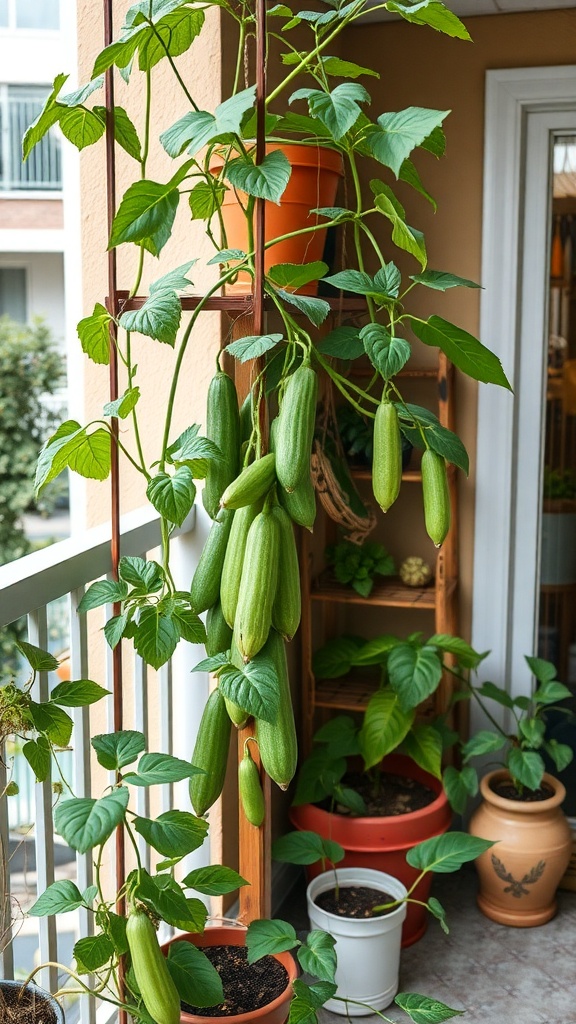 A balcony garden with climbing cucumber plants and pots.