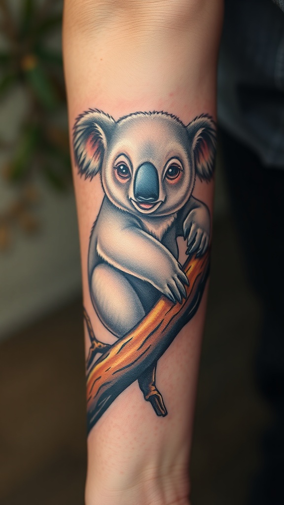 A realistic tattoo of a koala climbing a tree on a person's forearm.