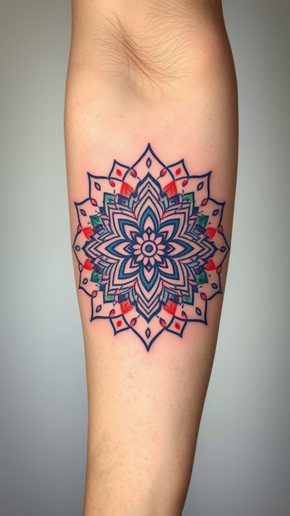 A colorful mandala tattoo on a person's forearm.