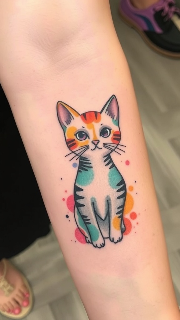 Colorful watercolor tattoo of a curious cat with whimsical patterns.