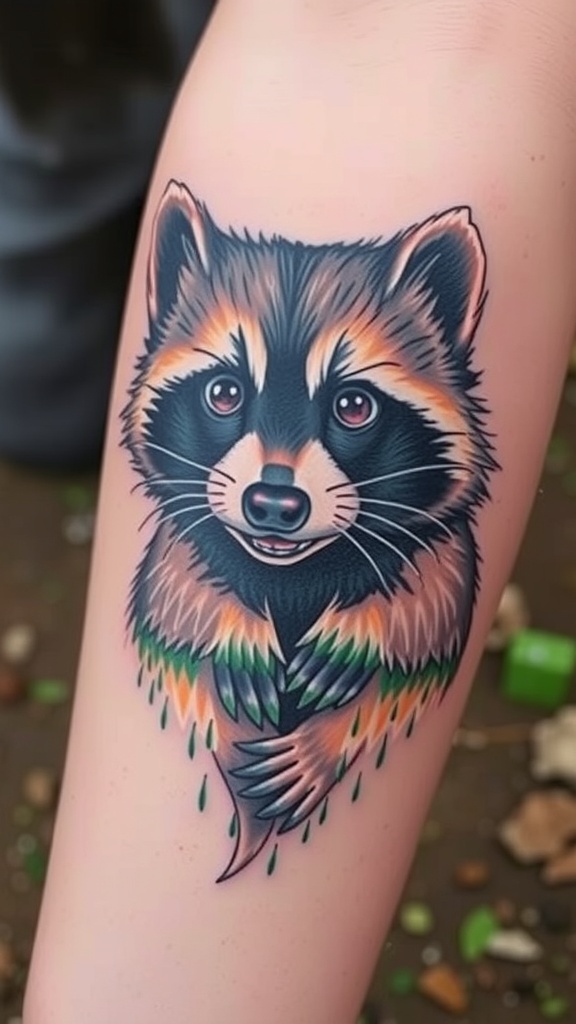 Tattoo of a curious raccoon with vibrant colors and detailed features