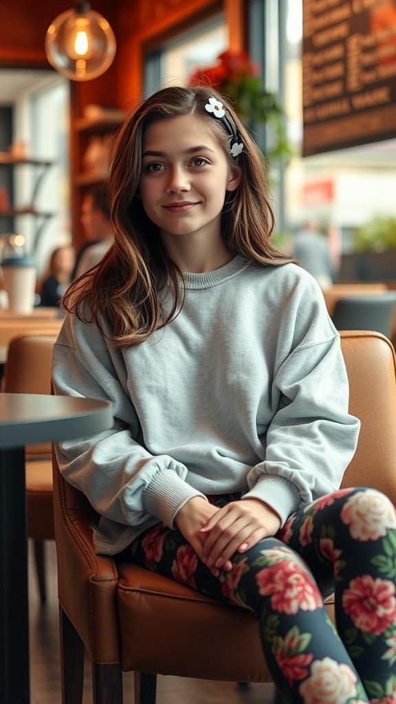 A teen girl wearing a light gray sweatshirt and floral leggings, sitting in a cozy cafe.