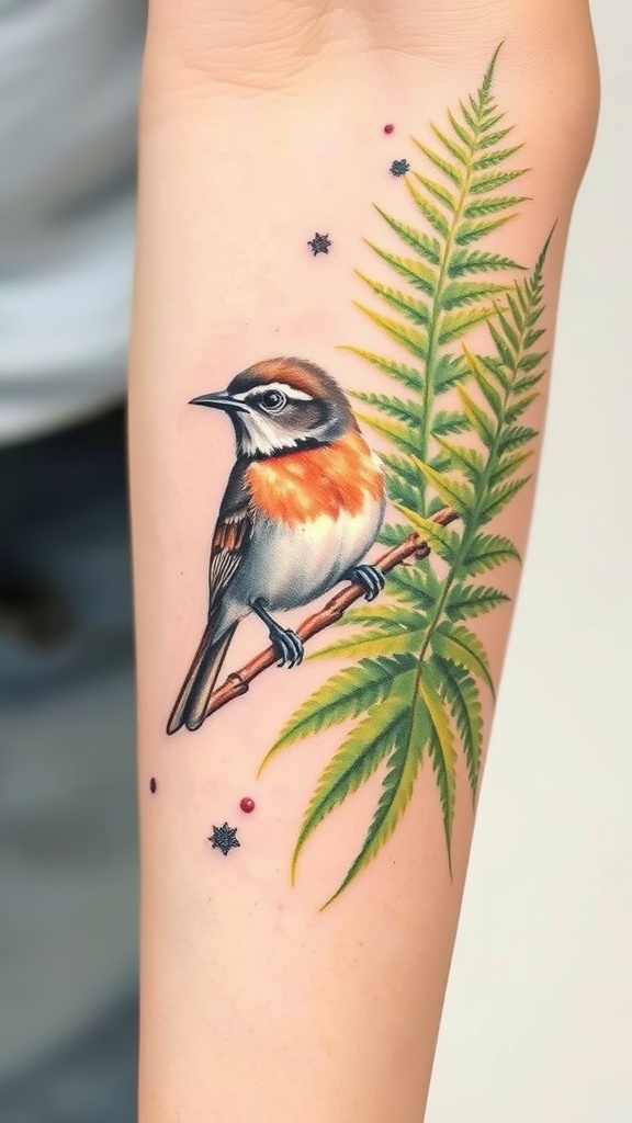 Watercolor tattoo of a wren bird sitting on a branch with ferns