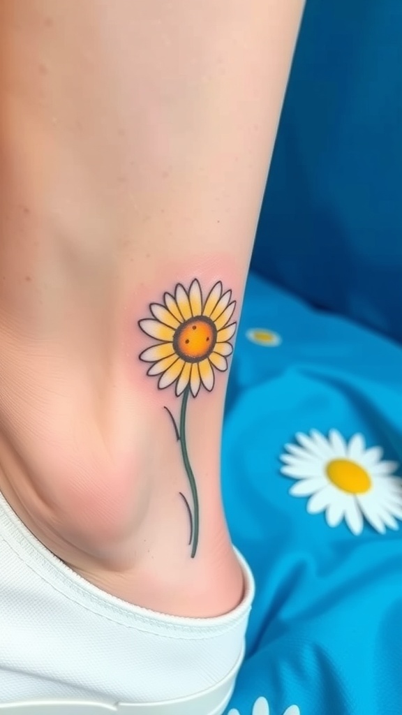 A vibrant daisy tattoo on the ankle, featuring bright yellow petals and a green stem.