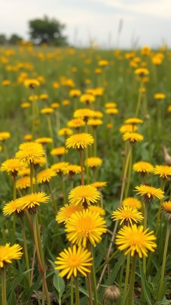 A field of bright yellow dandelions in bloom.