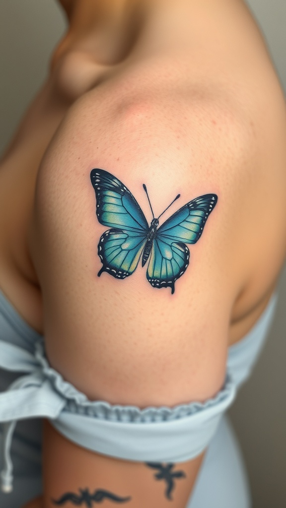 A close-up of a blue Morpho butterfly tattoo on a person's shoulder.