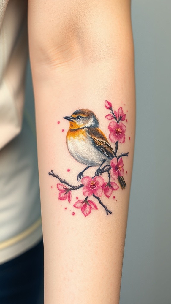 Watercolor tattoo of a sparrow on a blossom branch