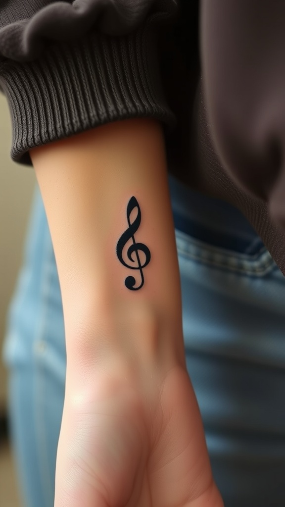 A delicate treble clef tattoo on a wrist, showcasing a simple and elegant design.