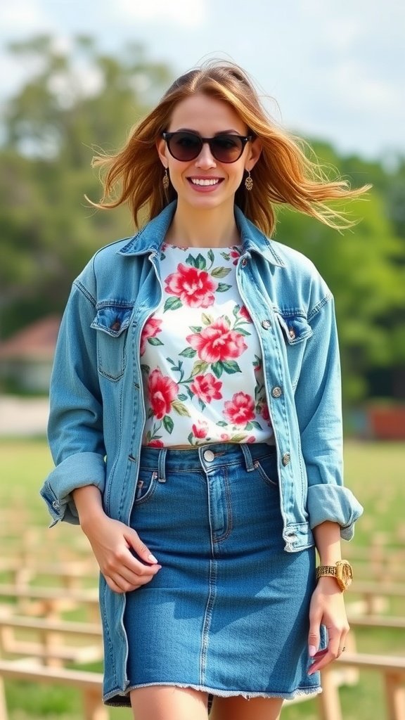 A young woman wearing a floral top with a denim jacket and denim skirt, smiling outdoors.