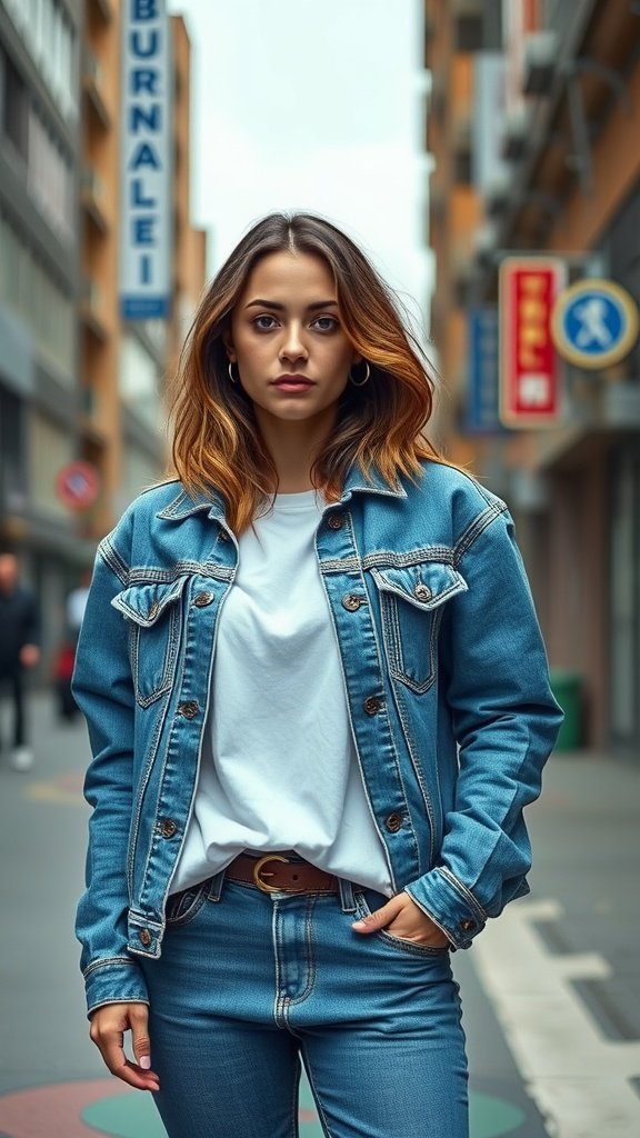 A person wearing a denim jacket over a white t-shirt, standing casually on a city street.