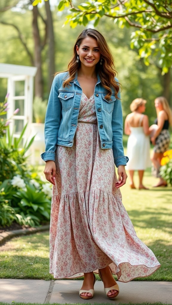 A woman wearing a denim jacket over a floral midi dress, smiling in a garden setting.