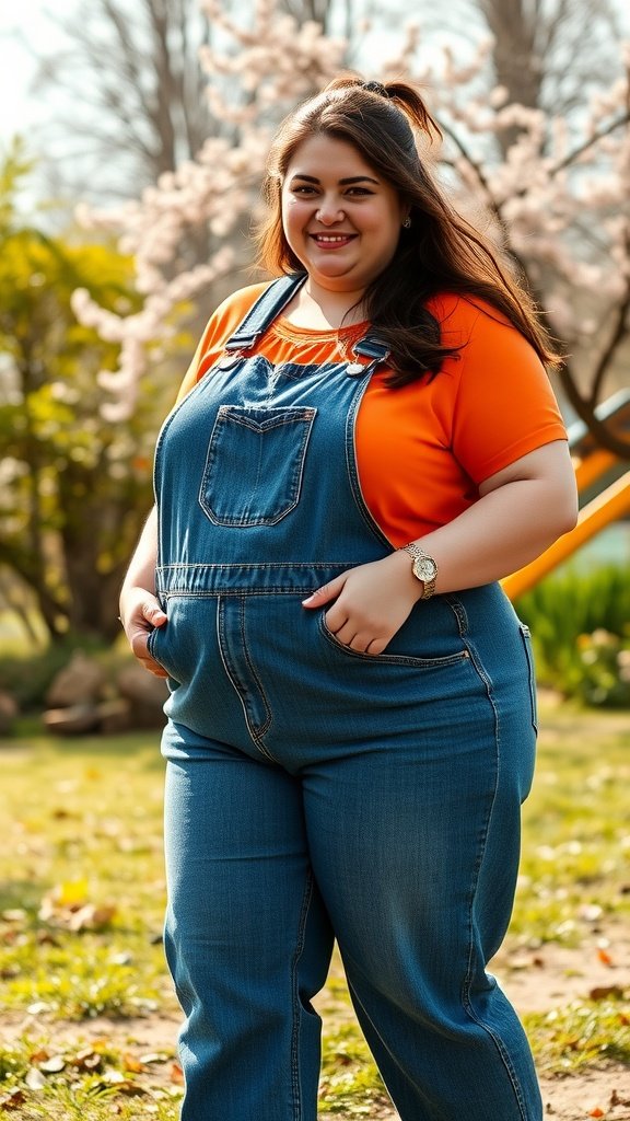 A plus-size woman wearing denim overalls and a bright orange top, smiling outdoors.