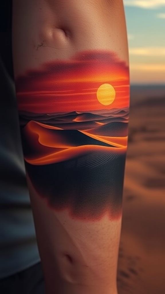 A hyper-realistic tattoo of desert dunes at sunset on a person's arm.
