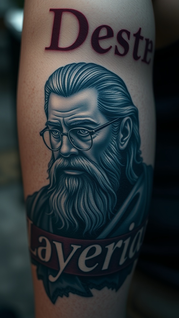 Hyper-realistic tattoo of a historical figure with glasses and a beard on a person's arm.