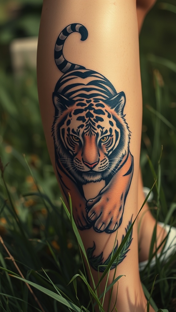 A realistic tattoo of a tiger stalking through grass on a person's leg.