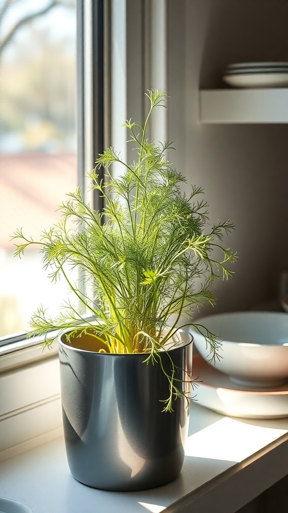 A potted dill plant with feathery leaves sitting on a windowsill.