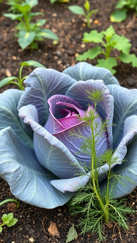 A vibrant cabbage plant with dill growing beside it in a garden.