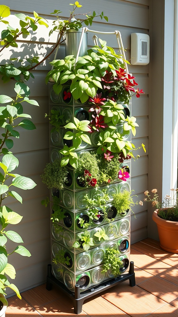 A vertical planter made from bottles filled with various plants.