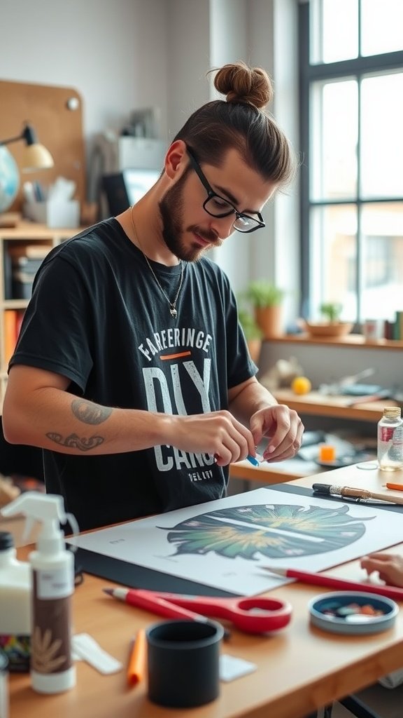 A woman designing a custom graphic tee in a bright workspace.