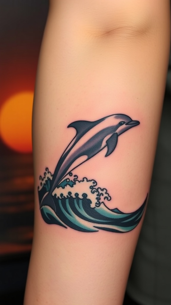 A dolphin silhouette tattoo with waves