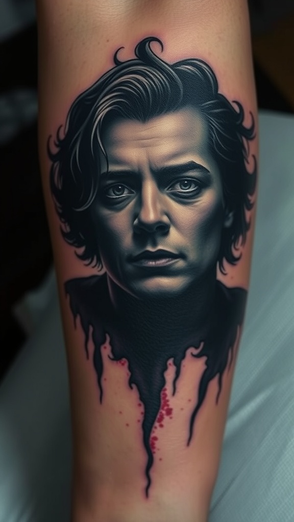 A hyper-realistic portrait tattoo featuring a person with intense expression and shadow effects.
