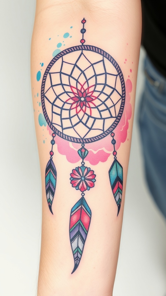 A colorful dreamcatcher mandala tattoo featuring intricate patterns and vibrant colors.