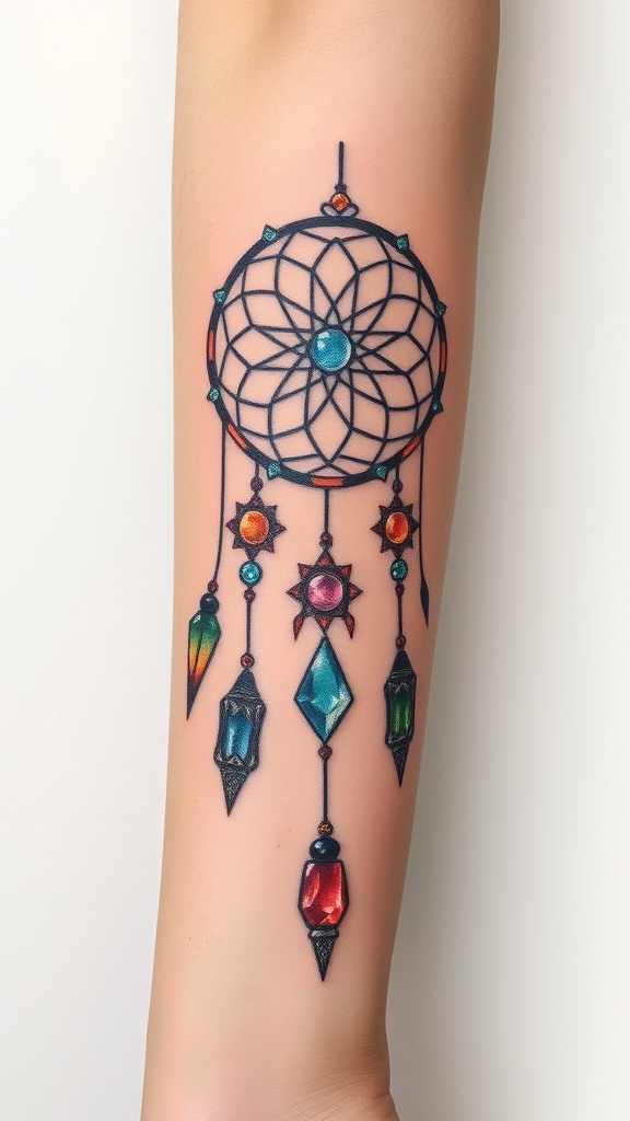 A colorful dreamcatcher tattoo featuring various gemstones.