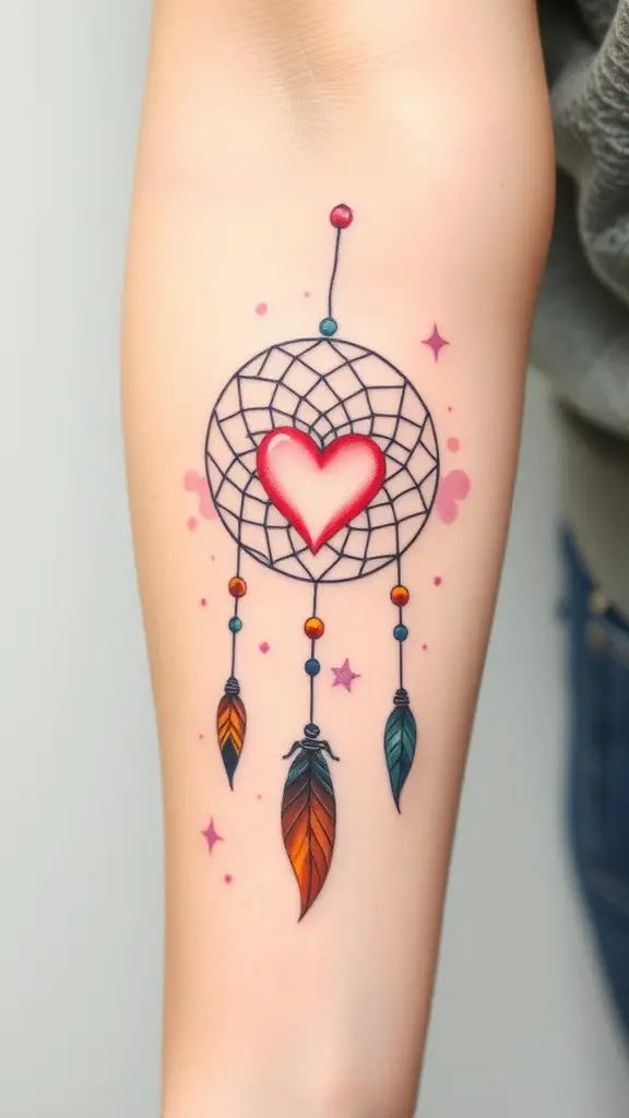 A colorful dreamcatcher tattoo featuring a heart design.
