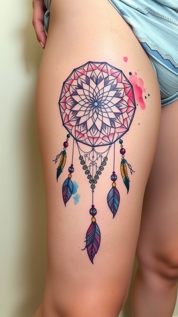 A colorful dreamcatcher tattoo featuring mandala elements on a thigh.