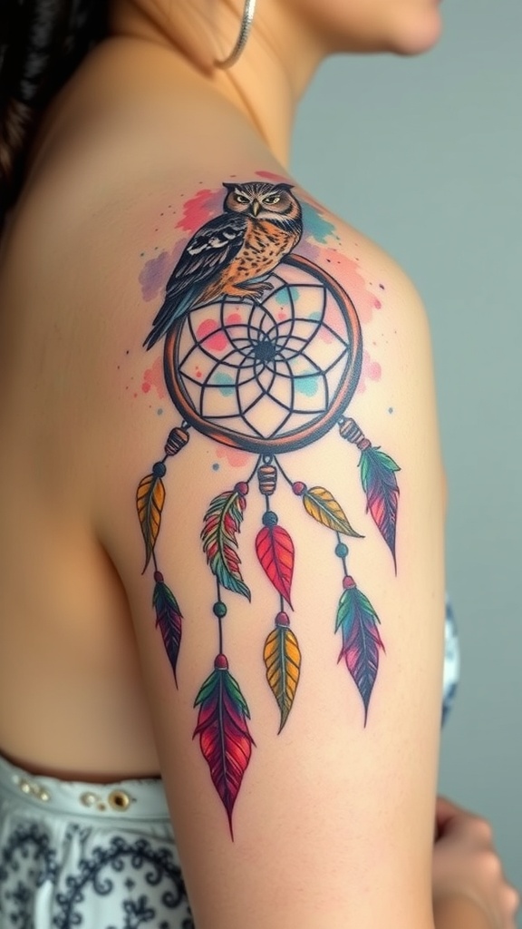 A colorful tattoo of a dreamcatcher with an owl perched on top, featuring vibrant feathers hanging below.