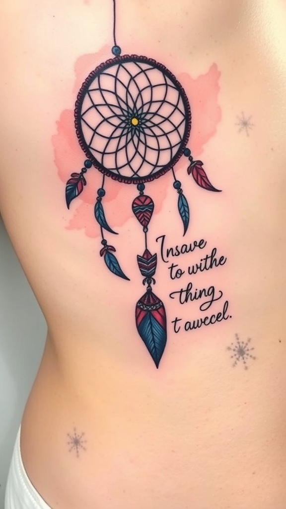 Watercolor dreamcatcher tattoo with a quote
