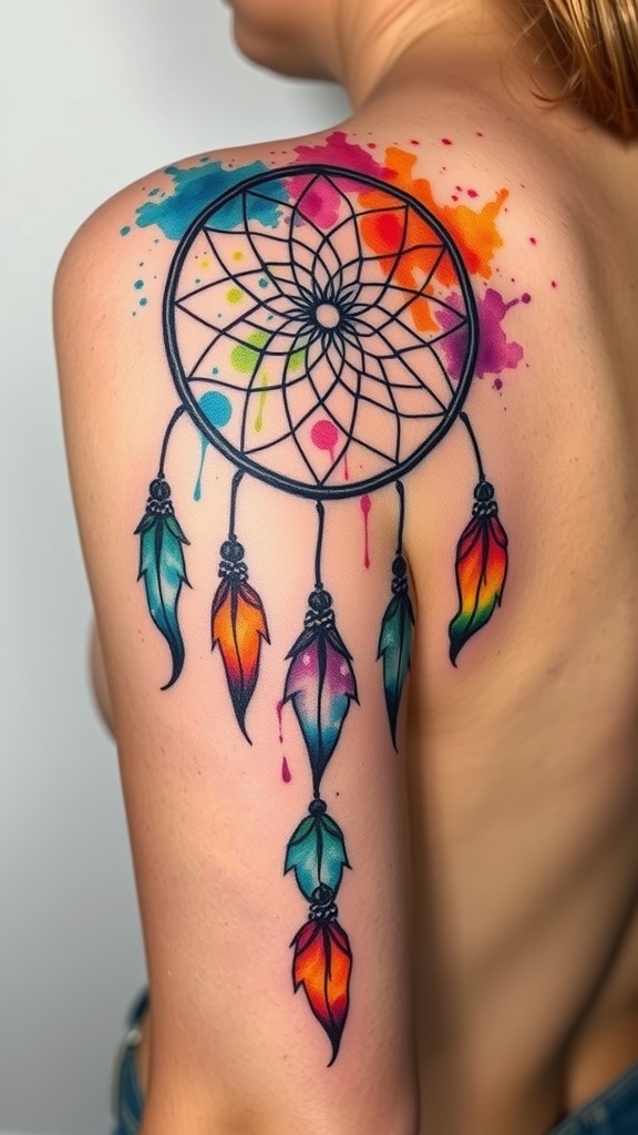 Colorful dreamcatcher tattoo with rainbow hues on a person's shoulder.