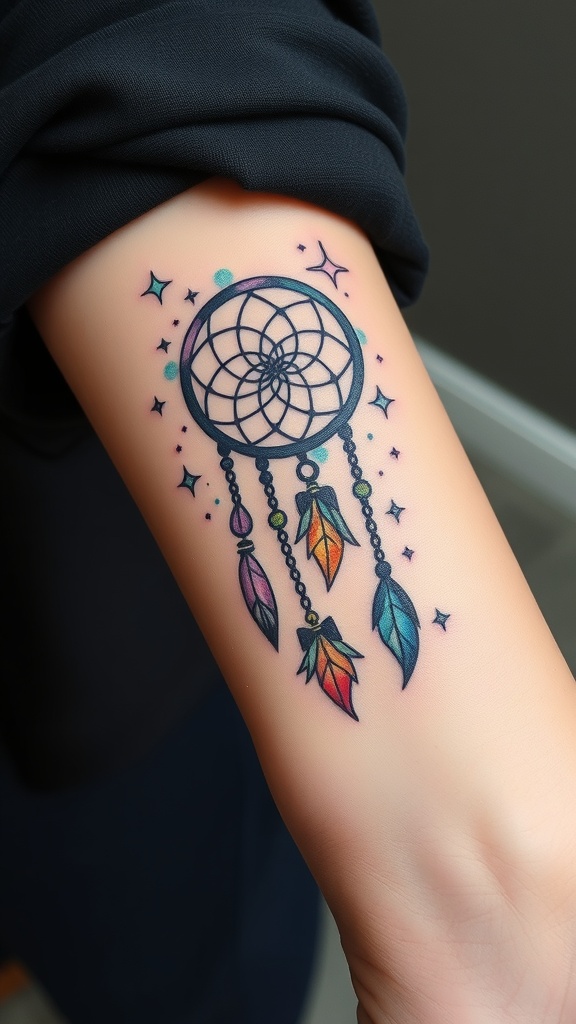 A colorful dreamcatcher tattoo featuring stars and feathers on a person's arm.
