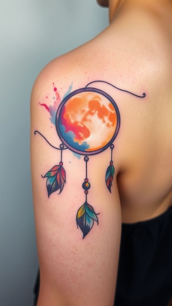 A colorful tattoo of a dreamcatcher featuring a sun and moon design on a person's shoulder.