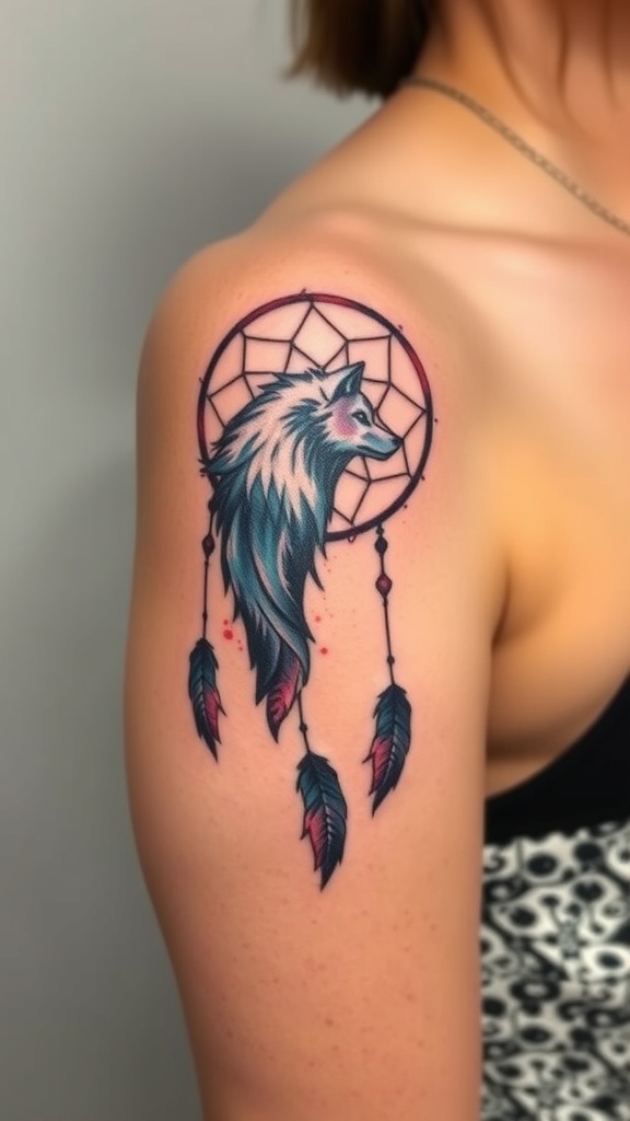 A colorful tattoo of a wolf integrated with a dreamcatcher on a person's shoulder.