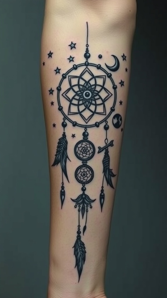 Surrealistic tattoo of a dreamcatcher with stars and moons.