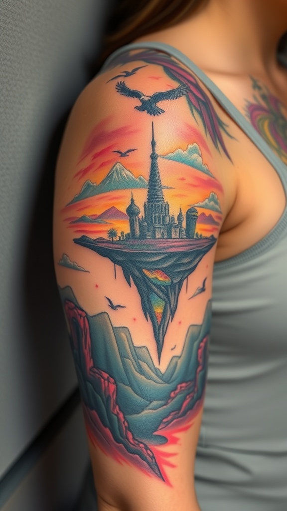 Surrealistic tattoo of a floating castle with mountains and birds on a person's arm.