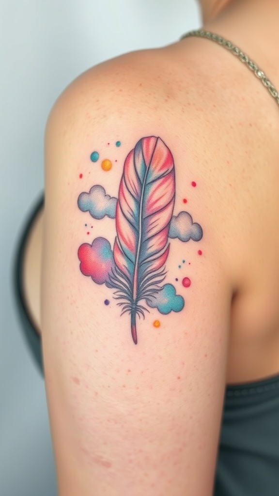 Colorful feather tattoo with clouds on a person's shoulder