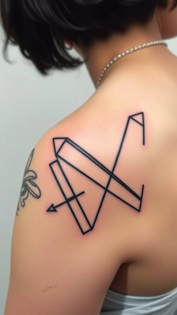 A dynamic angular geometric tattoo on a person's shoulder.
