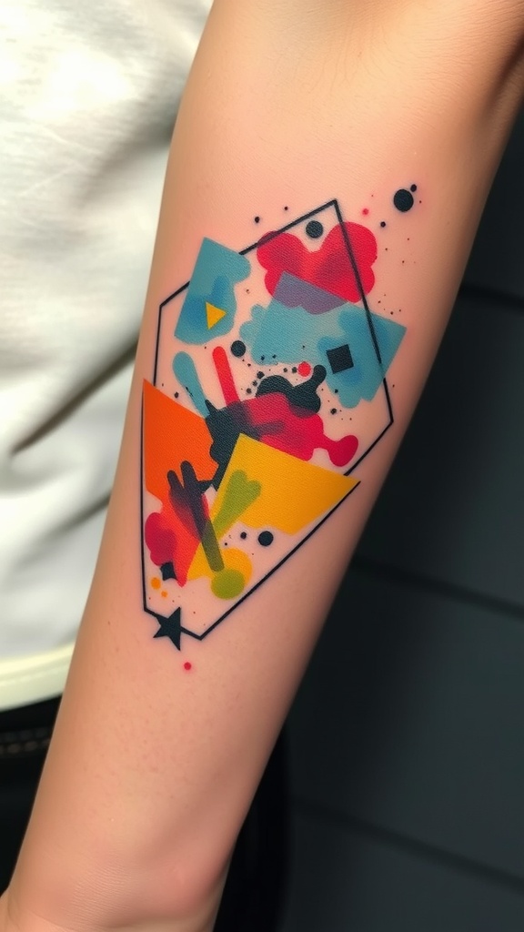 Colorful geometric tattoo with watercolor splashes on an arm.