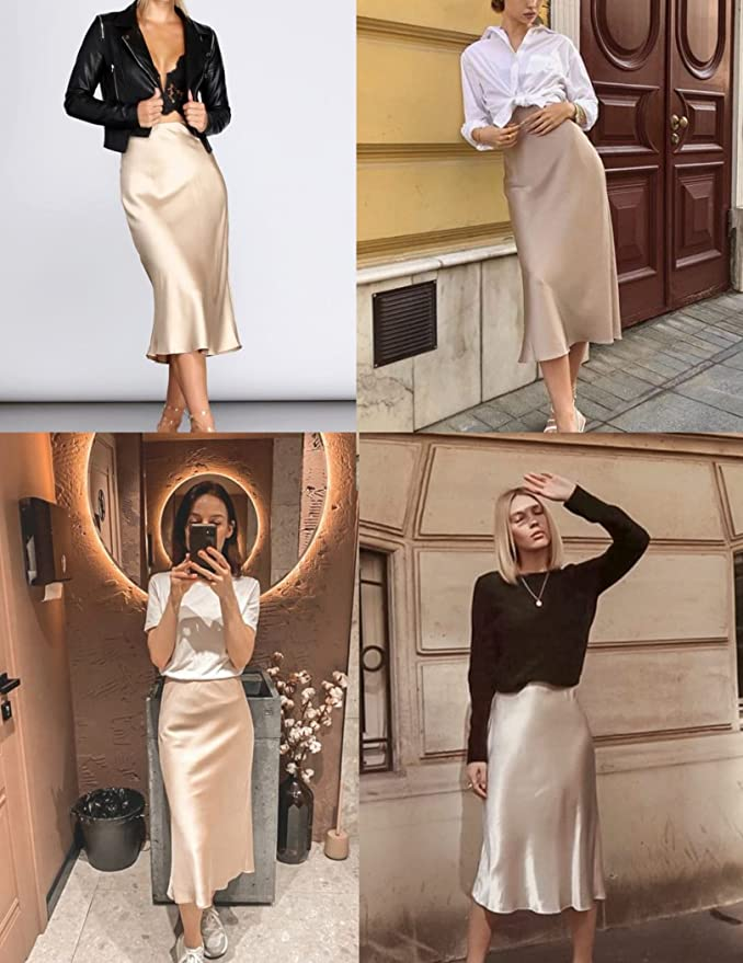 Zeagoo Womens Satin Skirts Casual Silk Midi Skirt High Waisted Long Skirts Zipper Elegant Work Skirts Zeagoo Womens Satin Skirts Casual Silk Midi Skirt High Waisted Long Skirts Zipper Elegant Work Skirts - gold skirt outfit