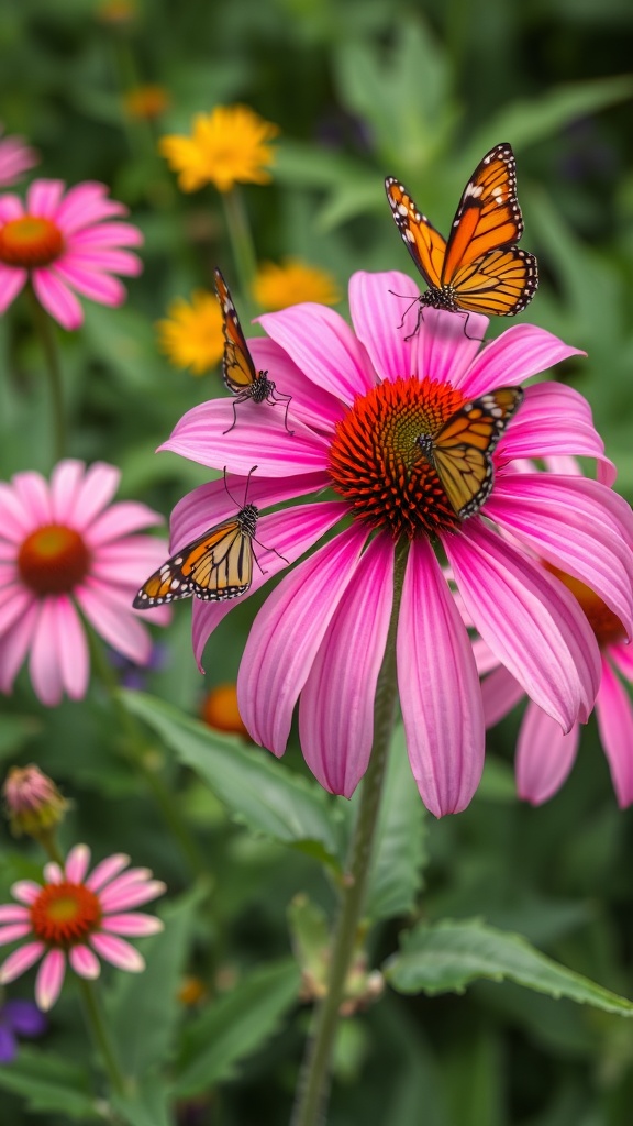 Echinacea flowers with butterflies in a garden setting.