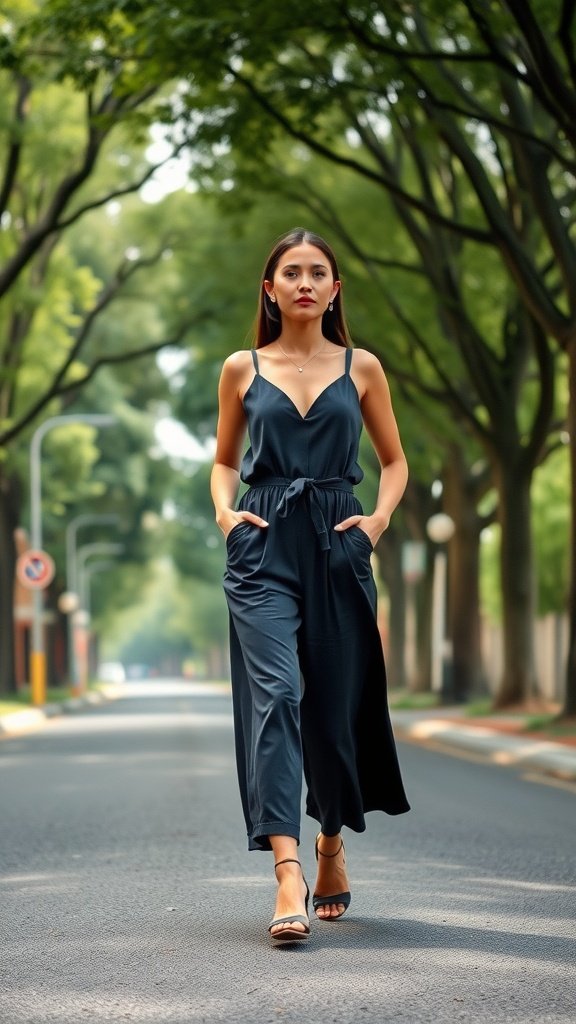 A woman walking confidently in a stylish jumpsuit on a tree-lined street.