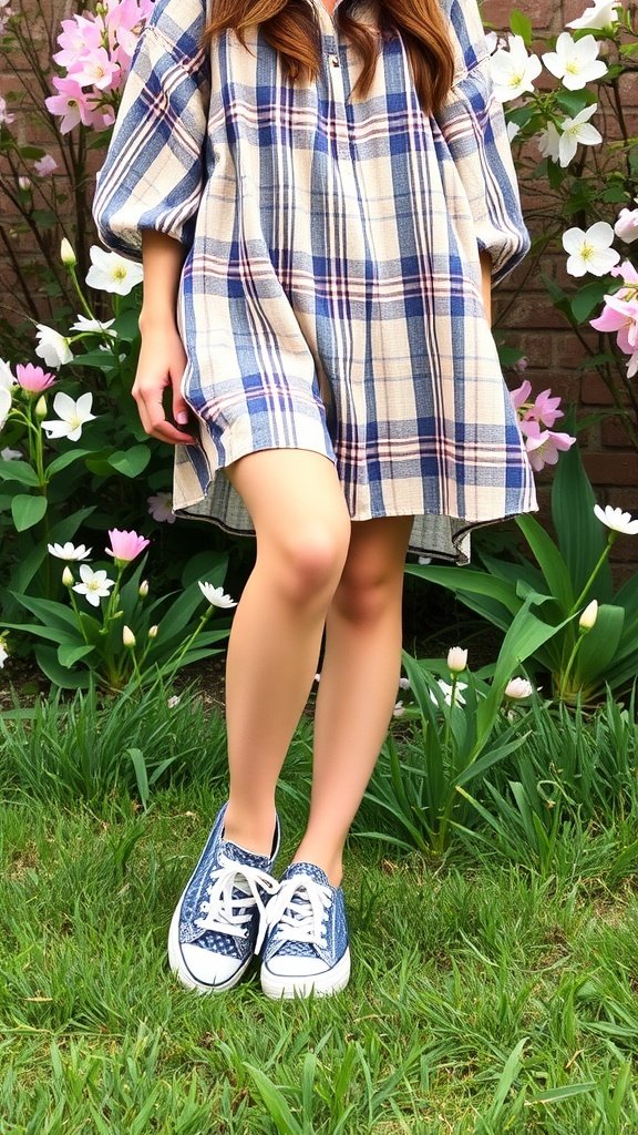 A person wearing a plaid dress and blue sneakers standing on grass with flowers around.